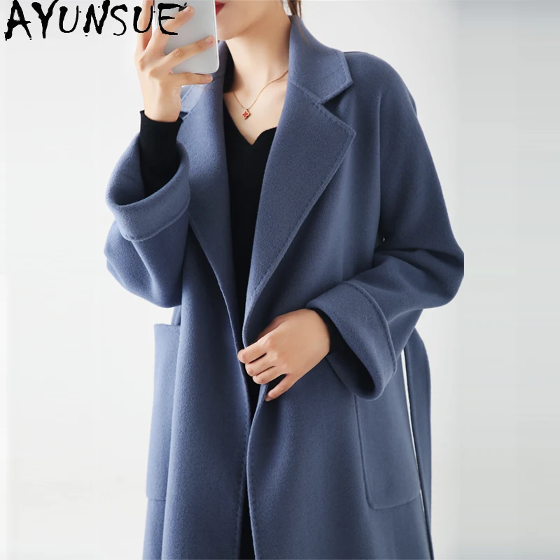 

AYUNSUE 100% Wool Coat Women Autumn Winter Long Jacket Elegant Coats Female Outwear Korean Clothes Manteau Long Femme 2021