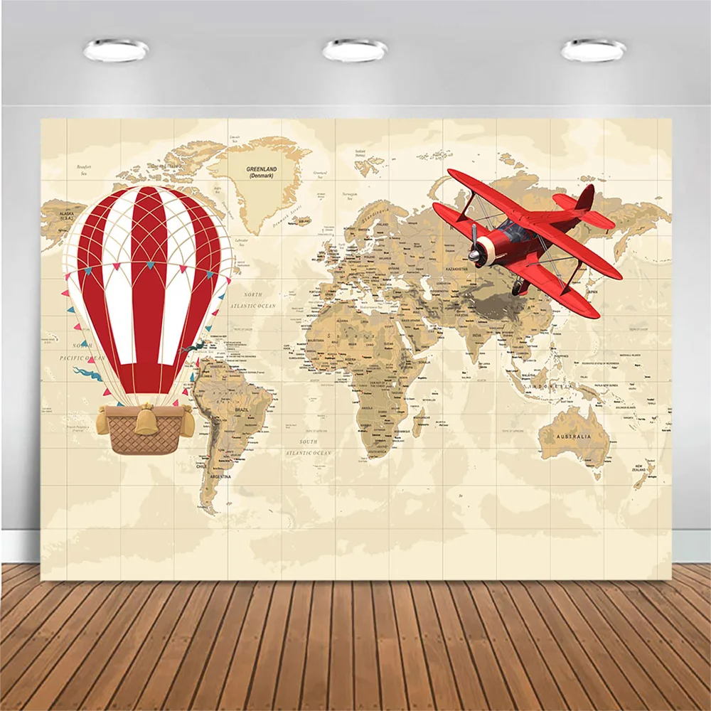 

Adventure Theme Backdrop World Map Aircraft Hot Air Balloon Photography Background Birthday Backdrop DecorGlobe Travel Photocall