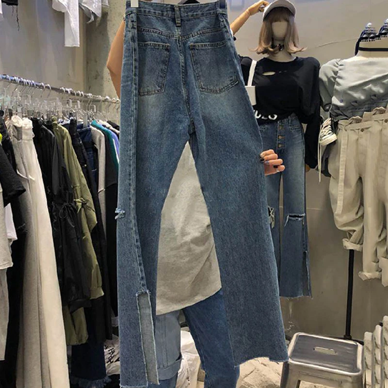 

Single-breas Vintage mom jeans high waist jeans woman ripped boyfriend jeans for women korean distressed jeans blue denim pants