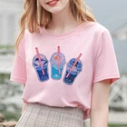 Модная Летняя женская Коктейльная Футболка с принтом напитков в стиле Харадзюку с круглым вырезом и коротким рукавом розовая повседневная спортивная корейская мода женская футболка