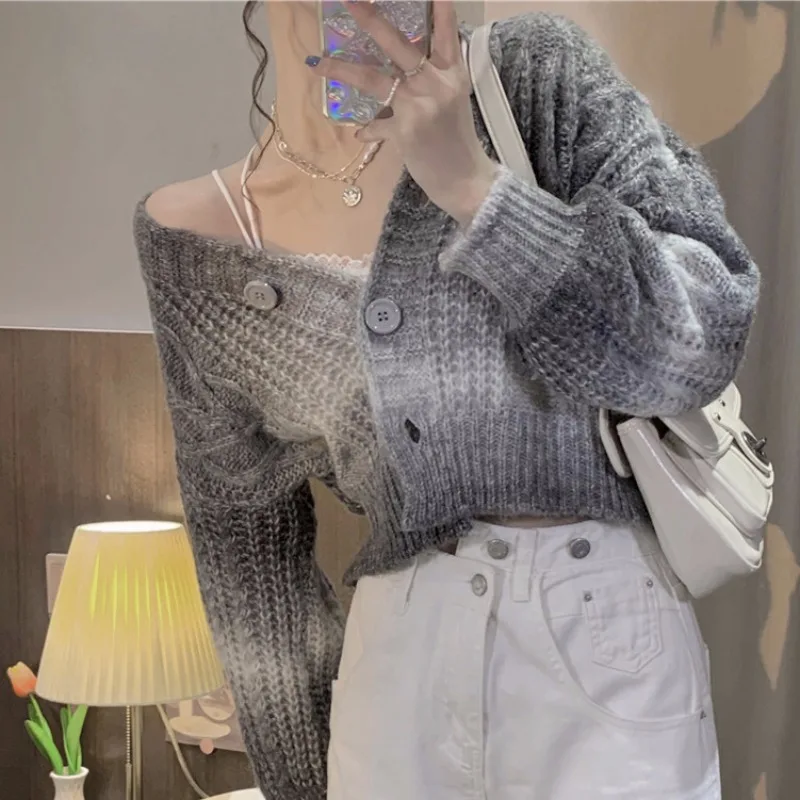 Женский трикотажный свитер в стиле ретро Радужный вязаный кардиган с V-образным