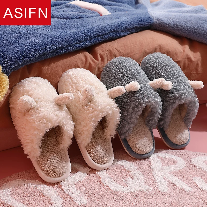 

Тапки ASIFN с пушистыми ушками для мужчин и женщин, зимние теплые комнатные тапочки из хлопка, с трехмерными симпатичными маленькими ушками, п...
