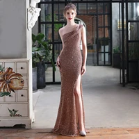 gold sequined shinny night party dresses women 2022 one shoulder slit strap banquet vestidos fantasy celebrity evening dresses