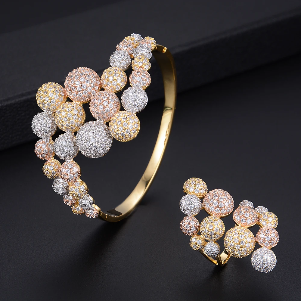 

LARRAURI Brand Trendy Luxury AAA Cubic Zirconia Women Width Geometry Bracelet Bangle/Ring Sets For Women Fashion Jewelry Sets