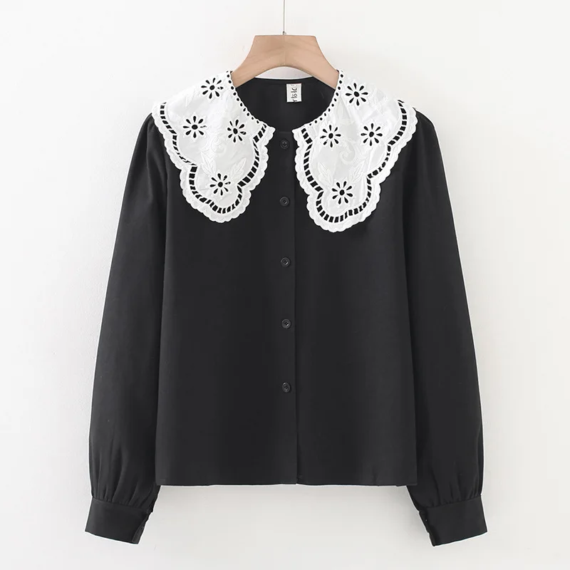 

Spring 2021 Women Shirt Plus Size Fashion Casual Clothes Female Tops Embroidery Peter Pan Collar Camisa De Las Mujeres