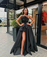 sexy black prom dresses with high slit strapless satin feather prom dress 2020 with ruched elegant pageant women party gowns