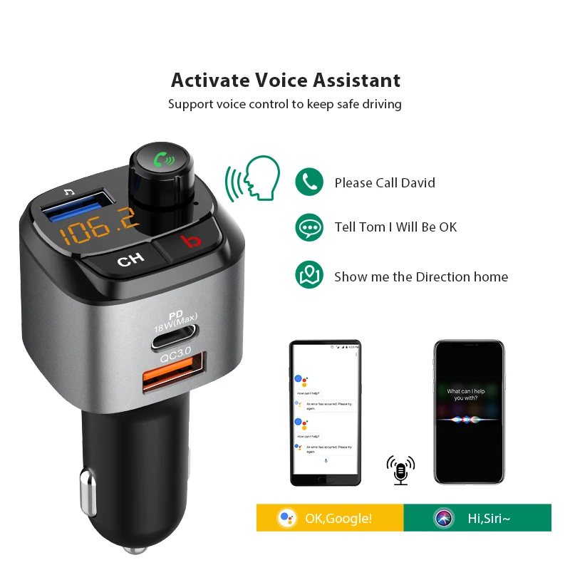 

Cden Bluetooth 5.0 FM transmitter vehicle MP3 player U disk music vehicle receiver qc3.0 usb-c pd18w mobile phone quick charge