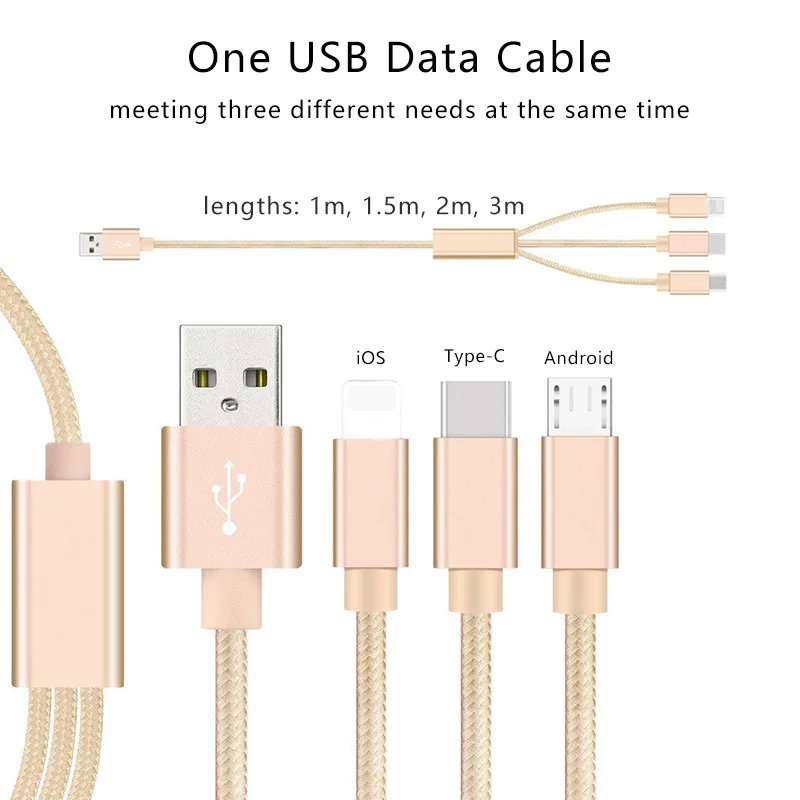 3 в 1 USB кабель для быстрой зарядки нейлоновый передачи данных прочный разъем iPhone 6