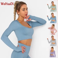 wohuadi sexy square collar sports long sleeve t shirt gym yoga clothing women knitted crop top sportswear workout fitness tight