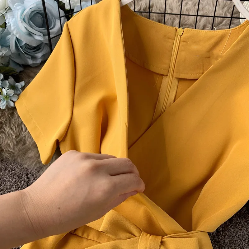 

New 2020 Summer Women Romper Short Sleeves Belt Button Sexy V-Neck Wide-Leg Shorts Jumpsuits Casual Beach Boho Bodysuit W1987