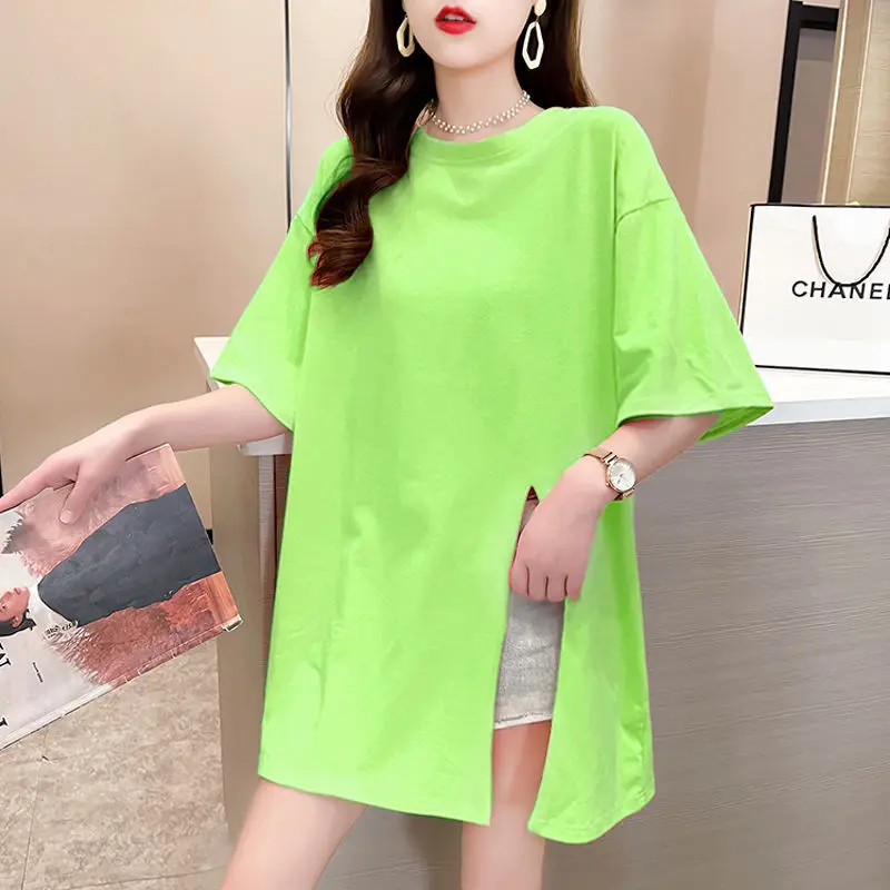 

Summer 2021 New Short Sleeve T-Shirt Top Women loose cotton medium long short sleeve irregular split T-shirt women
