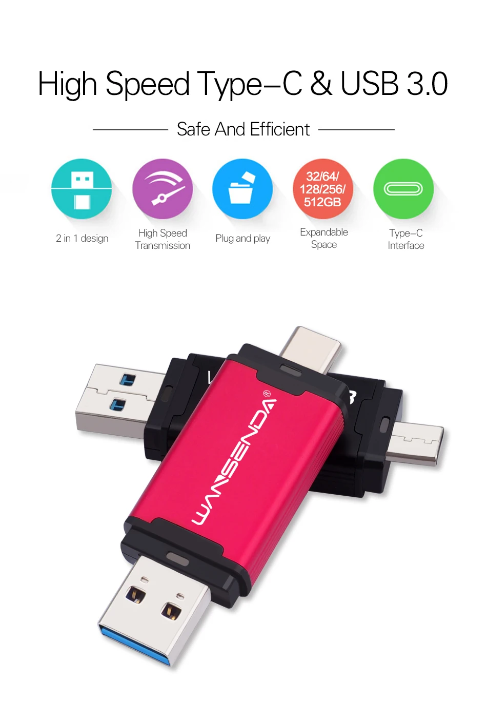 WANSENDA, 2 в 1, TYPE-C, USB3.0, USB флеш-накопитель, 512 ГБ, 256 ГБ, 128 ГБ, 64 ГБ, 32 ГБ, флеш-накопитель для Android/PC, двойной OTG, USB флешка, флешка