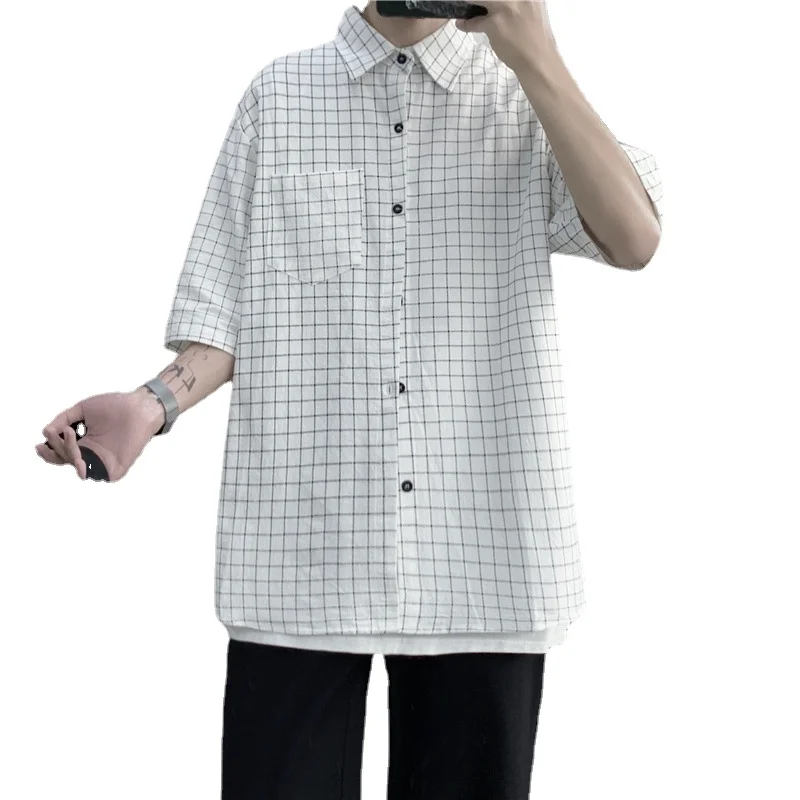 

2021 Summer Plaid Shirt Men Short Sleeve Trend Loose Half Sleeve Shirt Handsome Top