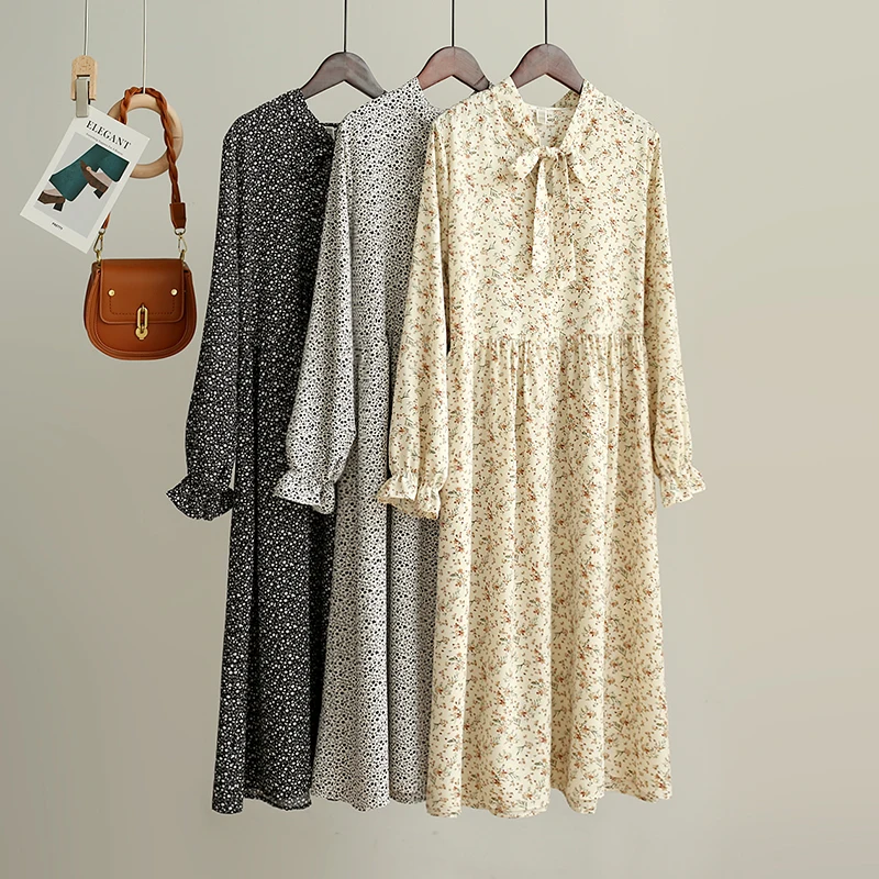 

Женское винтажное платье с цветочным принтом, V-образным вырезом и длинным рукавом