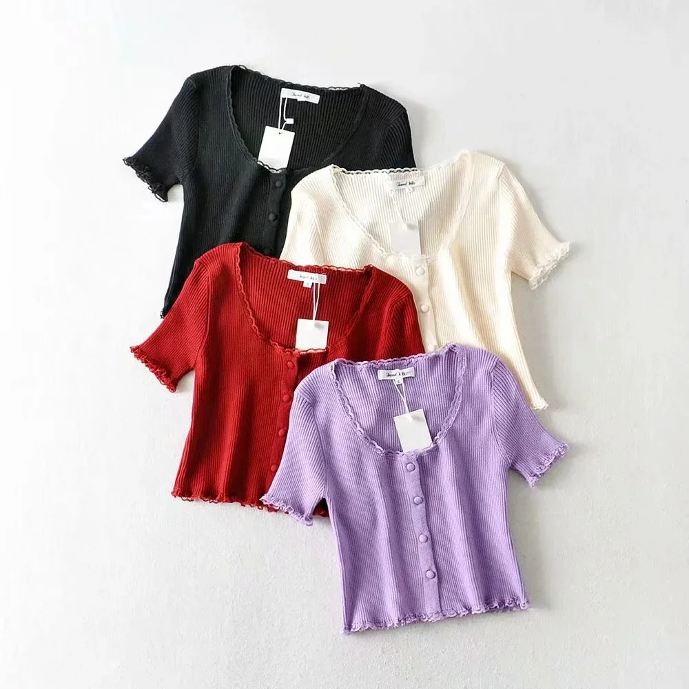 Женский ребристый укороченный Вязаный топ на пуговицах с кружевной отделкой