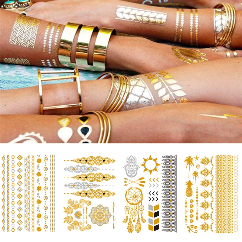 

Waterproof Temporary Tattoos For Female Body Retro Hot Stamping Silver Gold Tattoo Sticker Wrist Chain Metal Flame Fake Tattoo
