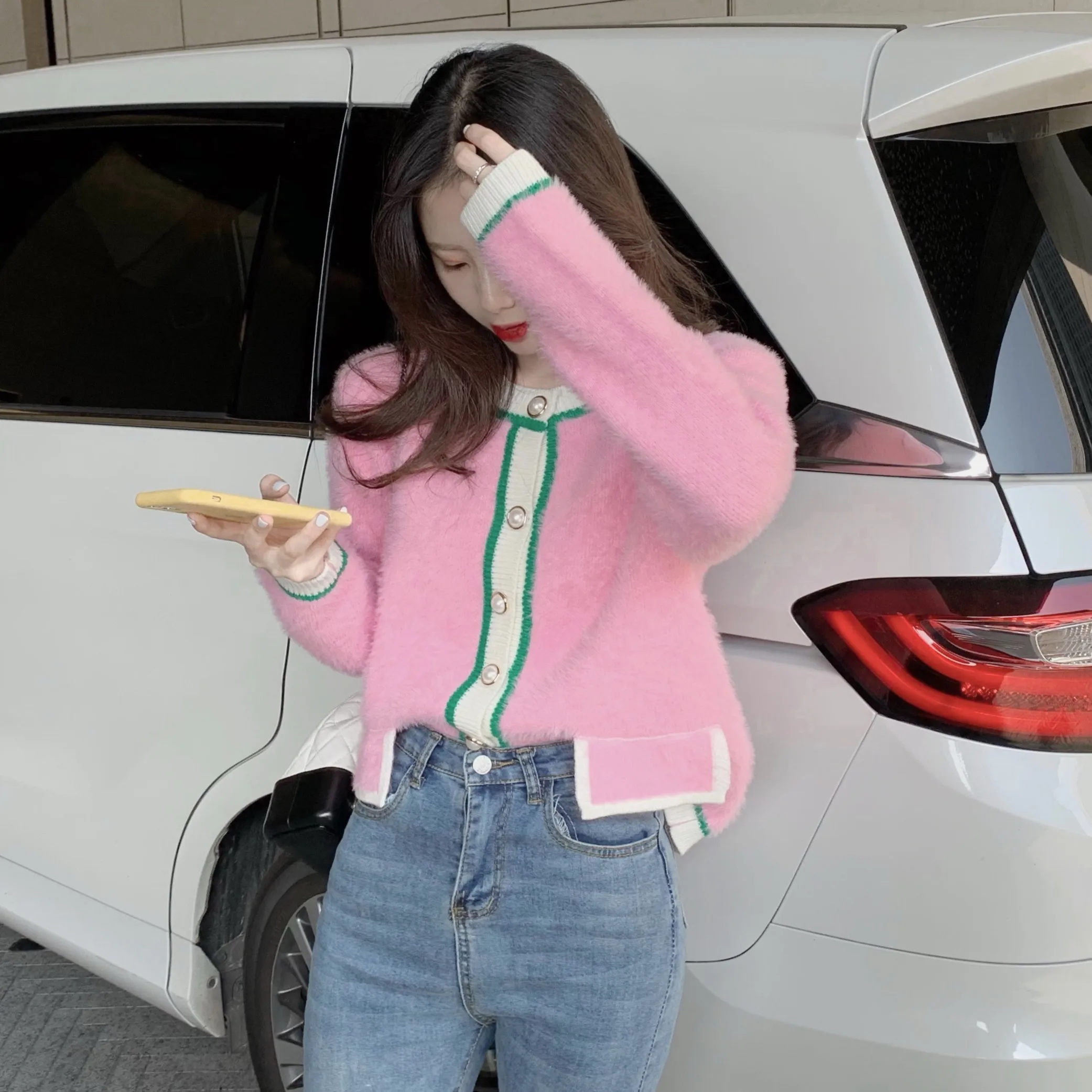 Женский укороченный свитер Ulzzang розовый свободный дизайнерский кардиган в