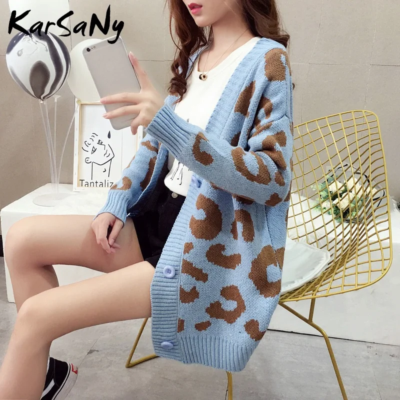 Autumn Leopard Cardigan Women Knitwear Button Yellow Long Print Sweater Knitted Blue Female Cardigans Top |
