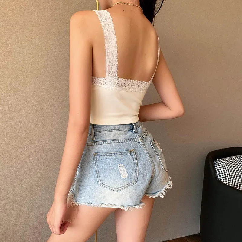 Летняя женская сексуальная майка с открытым животом модная однотонная кружевная