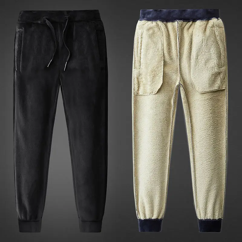 

Men Winter Warm Pants Men Black Grey Thick Trousers Male Classic Baggy Home Pants Plus Velvet Faux Fleece Cashmere 5XL