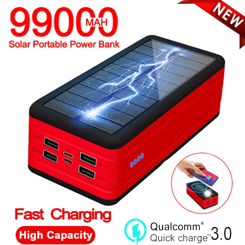 Беспроводной Солнечный 99000 мА/ч быстрое зарядное устройство Power Bank портативный с