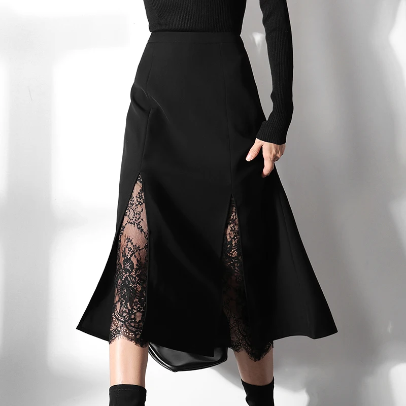

Женская кружевная юбка, черная трапециевидная юбка с разрезом, весна 2021