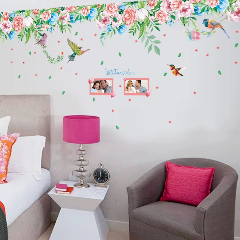 Красный пион цветы границы Декор стены стикеры лоза сорока птицы украшения для