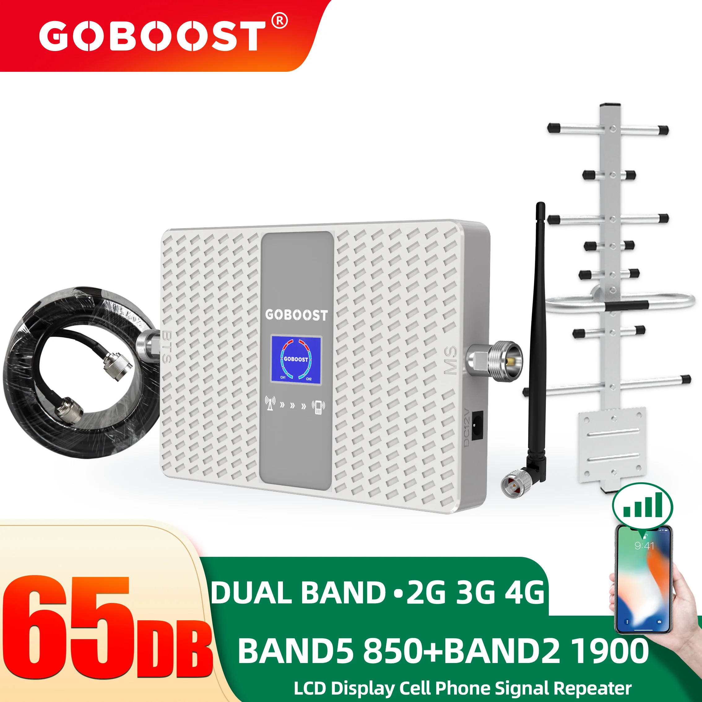 GOBOOST 3g 4g Dual Band Signal Booster 850 1900 Mhz CDMA PCS Celluar Amplifier Display Cell Phone Network Antenna Repeater A Set