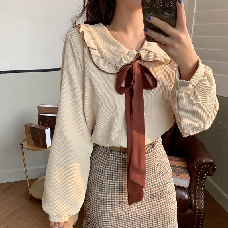 

Blouses Women Elegant Kawaii Bow Peter Pan Collar Leisure Design New Fashion Korean Style Trendy All-match Female Clothes Lovely