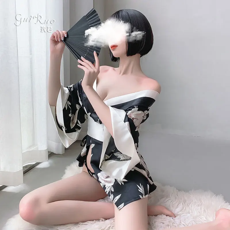 

Seduction Role-Playing Japanese Kimono Sexy Lingerie Suit Perspective Kimono Uniform Exotic Apparel Printing Cosplayer Clothing