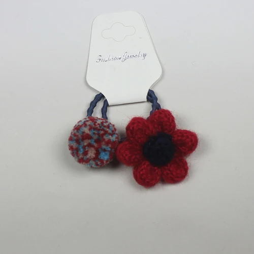 Red Flower Pompoms 2 шт./партия, зимний детский вязаный цветок, пушистые круглые помпоны для волос, помпон для волос, резинки для волос, конский хвост, держатель HB038 - Цвет: Red Flower Pompoms