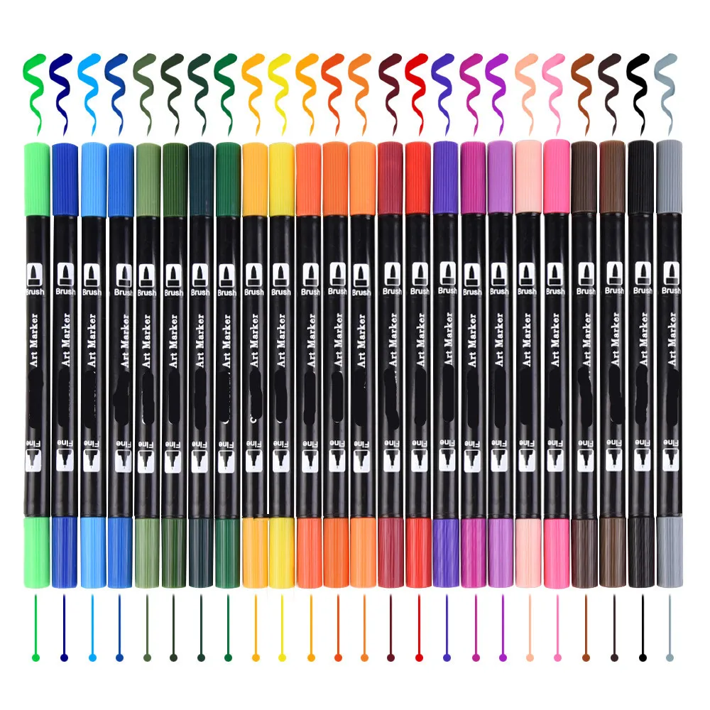 

24 Colored Dual Headed Water Based Ink 0.4mm Tip Fine Brush Artist Set Marker Artist Graphic Sketch Manga Drawing Micron Pen