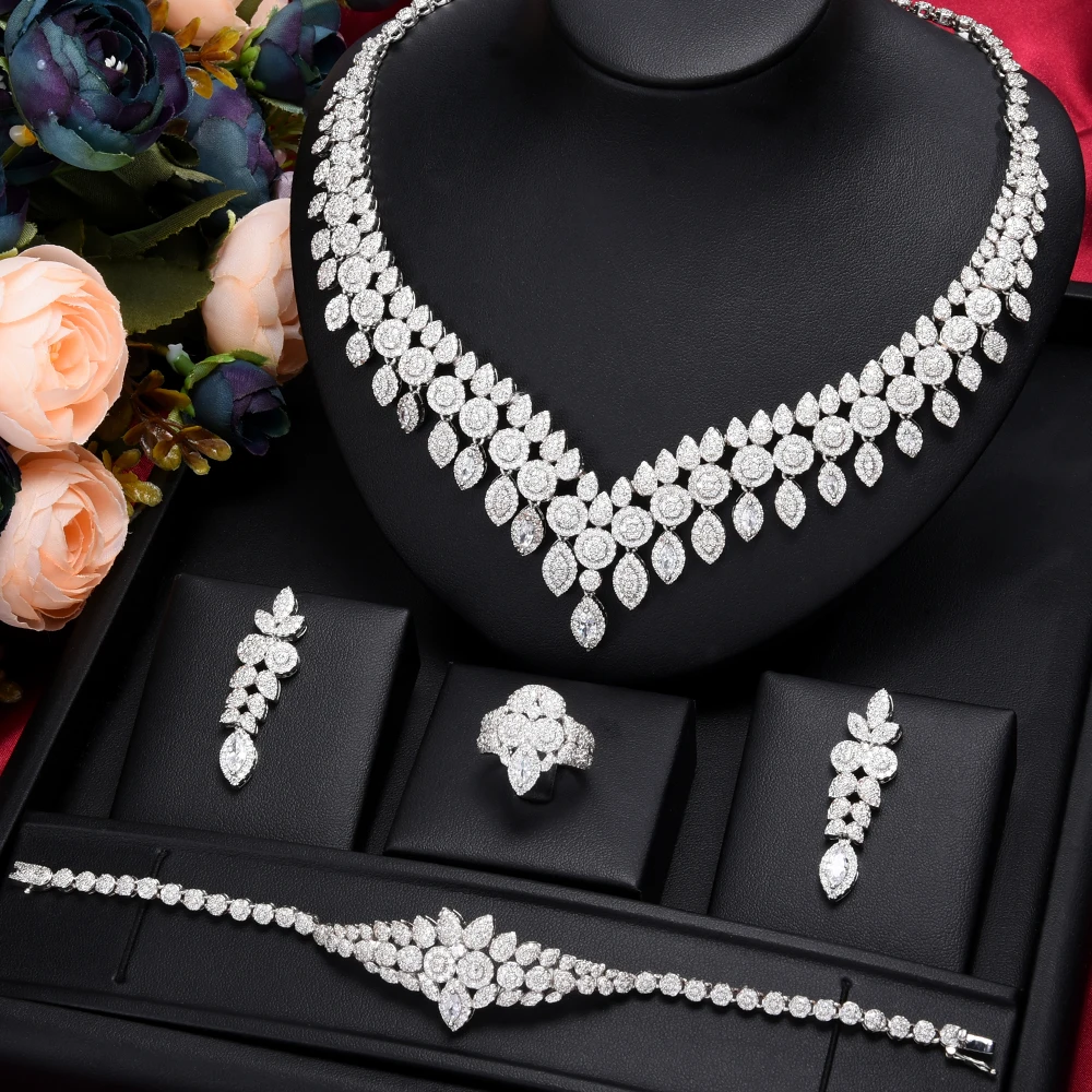 

HigH Quality New Trendy 4PCS Luxury Indian Jewelry Set For Women Wedding Party Cubic Zircon Crystal Dubai Bridal Jewelry Set