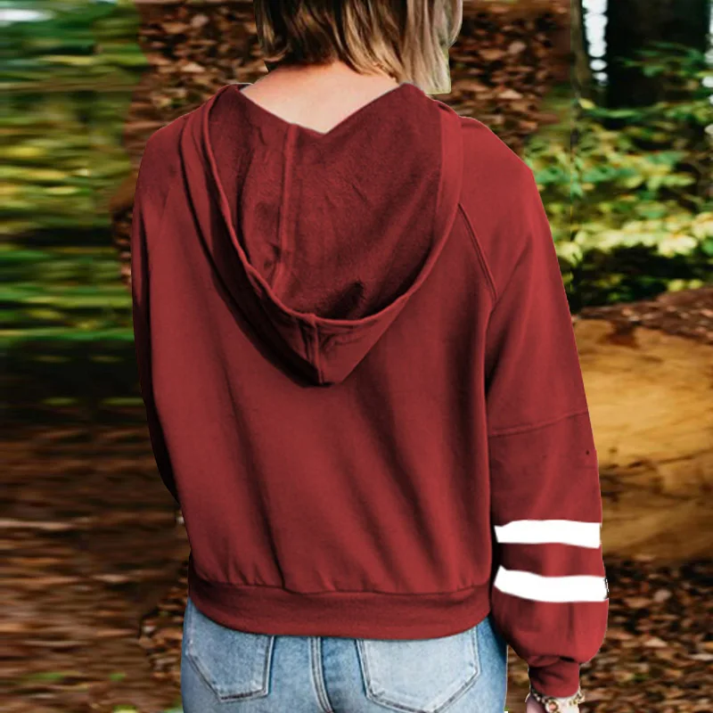 

3XL Autumn Women New Hoodie Sweatshirt Fashion Loose Patchwork Striped Pullover Tops Casual Button Long Sleeve Hooded Streetwear