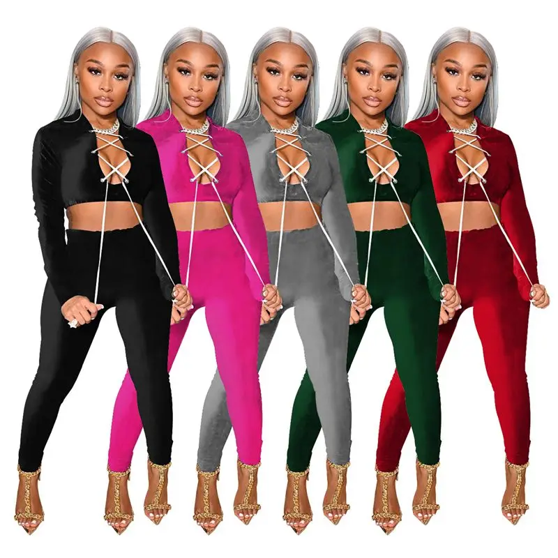 

ZKYZWX New Trendy Solid Flocking Two Piece Set for Women Full Sleeve Bandage T Shirt Fall Sexy Leggings Streetwear Matching Sets