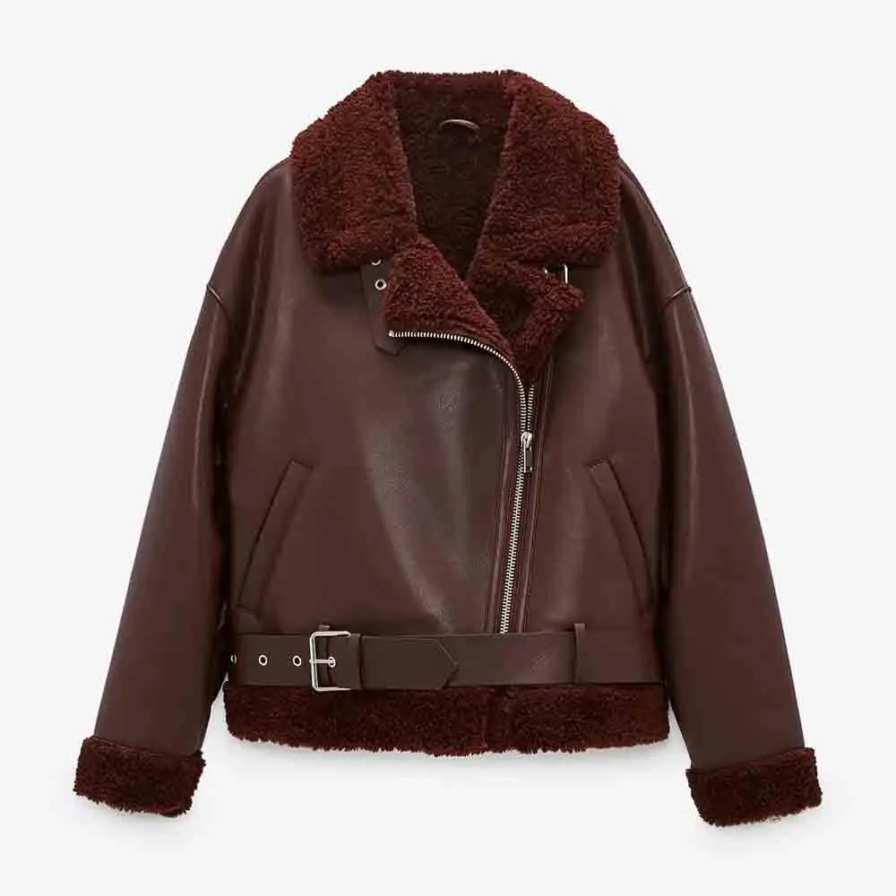 2021 Winter Thickened Locomotive Lapel Female Coat Fur Long Sleeved Loose Belt Warm Women's Jacket Lamb Wool Winter PU Coat