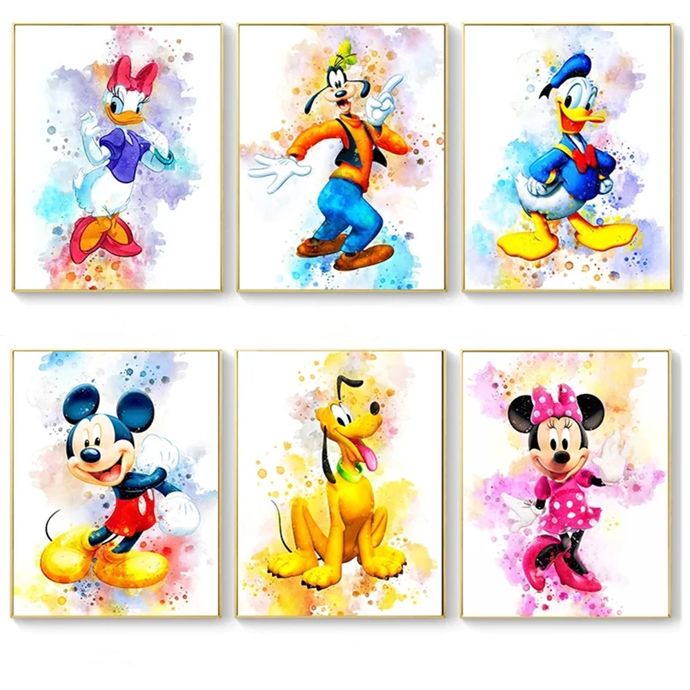 

Watercolor Walt Disney Mickey Mouse and Minnie Canvas Painting Wall Art Donald Duck Posters And Prints Cartoon Home Decor