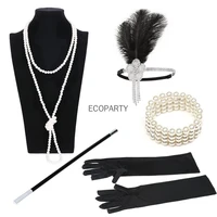 1920s great gatsby party costume accessories set 20s flapper feather headband pearl necklace gloves cigarette holder 5 pcs set