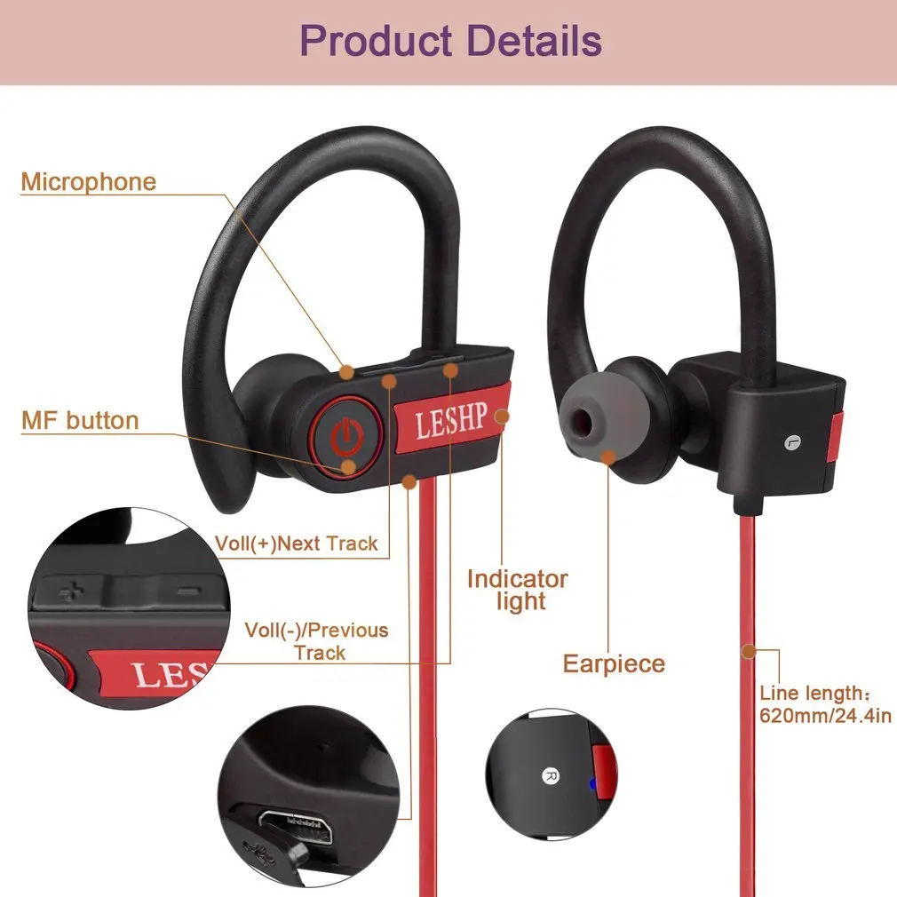 

Anti-sweat Bluetooth Earphone Sport Stereo Music Wireless Earbud Hands-free Headset for Running Gym In-ear ONLENY Dynamic