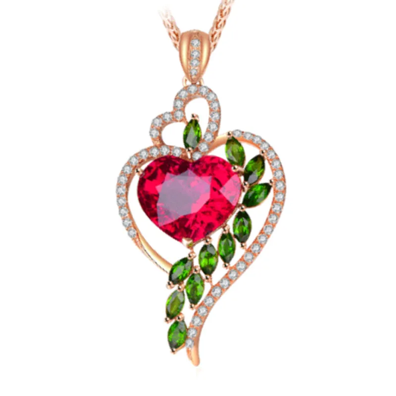

Luxury Female Love Heart Pendant Necklace Charm Rose Gold Color Chain Necklace Cute Red Green Zircon Wedding Necklaces For Women