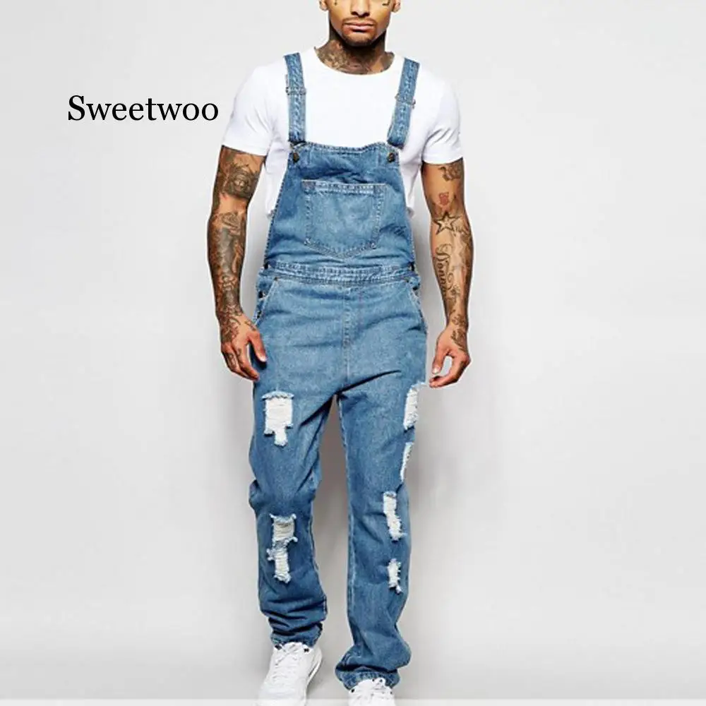 2020 new men's jeans fashion casual denim pocket shredded straps pleated jumpsuit