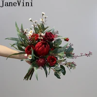 janevini vintage red wedding bouquets artificial emperor flower burgundy bride flower bridal bouquet peony rose brooch bukiety
