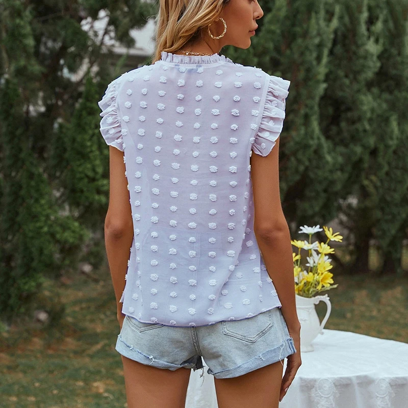 

Women Summer V-Neck Tops Short Sleeve 2021 Solid Color Ruffles Sleeve T-Shirts Casual Basic Purple Tops Female Fashion Pink Tees