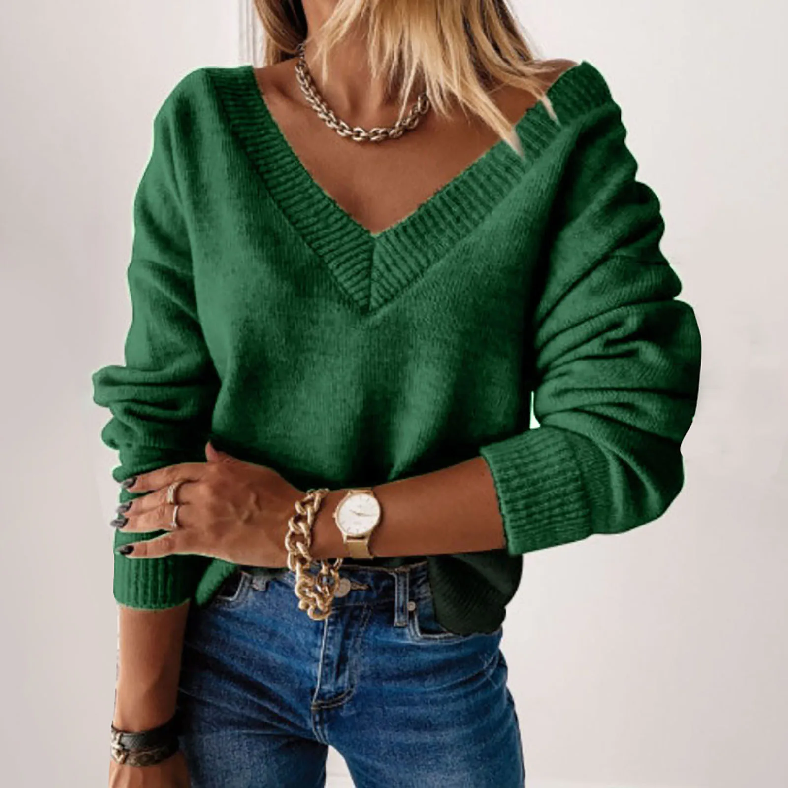 

Women Fashion V-neck Solid Color Sweater Ladies Loose Temperament Simple Pullover Casual Long Sleeves Sweater Tops Pull Femme