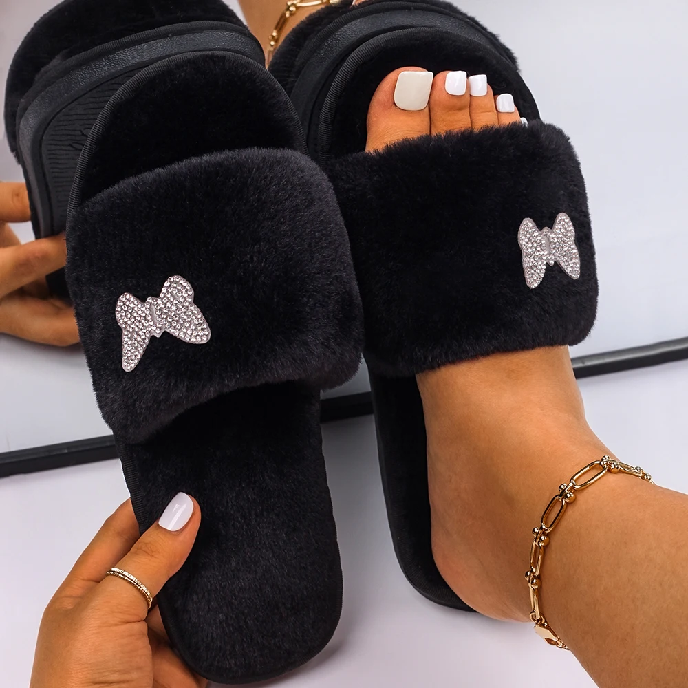 Women's Slippers Fluffy Flip Flops Rhinestone Butterfly Decor Furry Slides Home Slippers Ladies Non-Slip Flat Shoes New Arrival