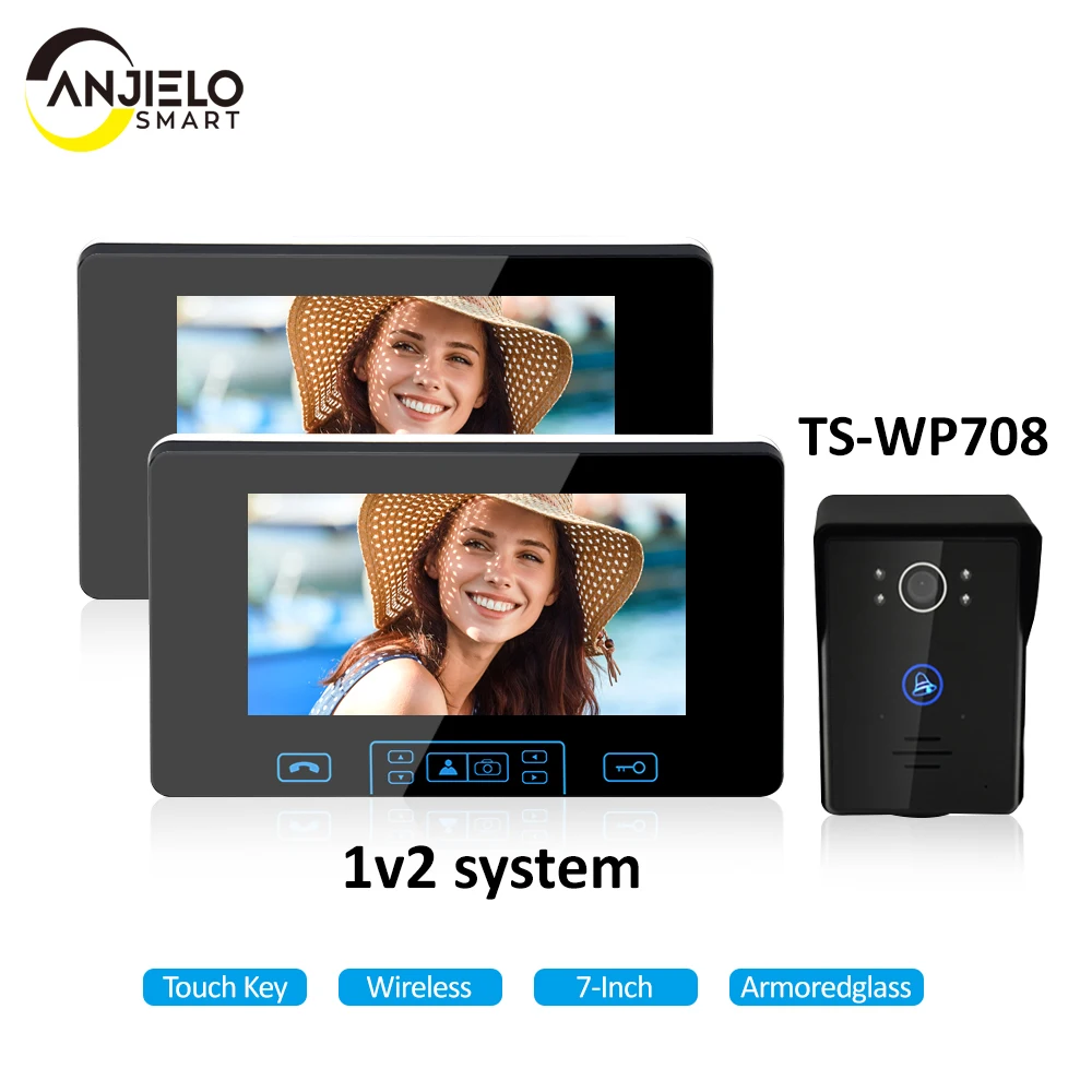 

AnjielaSmart wireless 7 Inch 2.4GHz digital frequency Upgraded touch key rainproof video intercom doorbell with unlock function