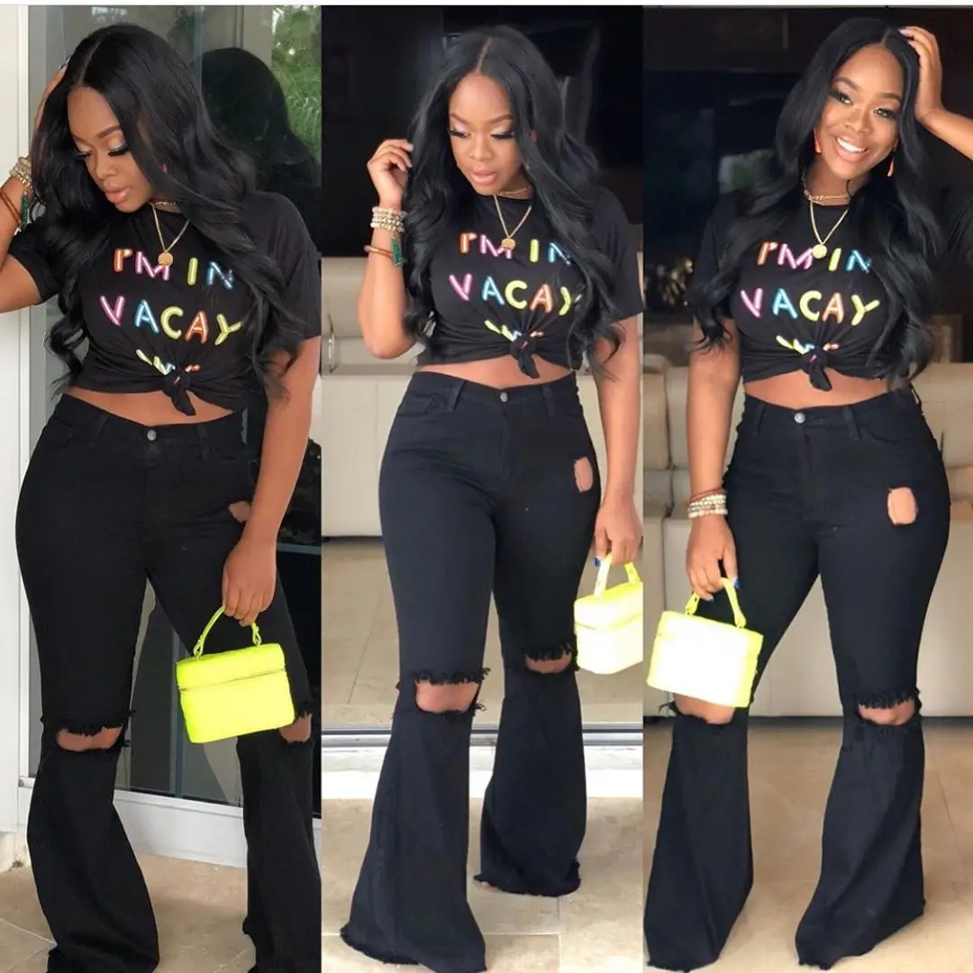 Wjustforu модные рваные расклешенные брюки для женщин повседневные Черные