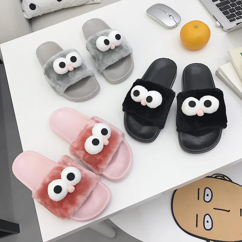 Женская обувь на плоской подошве нескользящие повседневные пушистые тапочки для