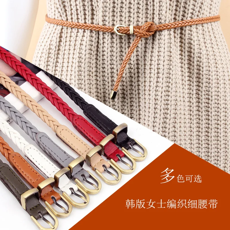 

New Women Weave Belts Thin Golden Buckle Colorful Strap For Dress Trousers Casual Ladies Female PU Hemp Rope Braid Waistband
