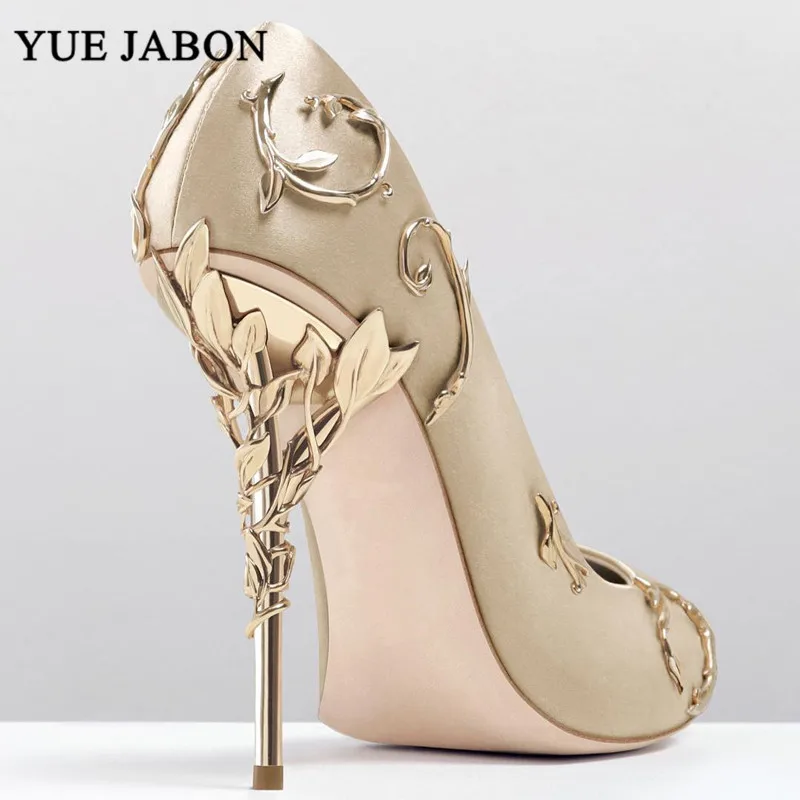 Gold Sexy Mental Heels Wedding Shoes Women Leaves Heel Design Pointed High Fashion Luxury Pink 10cm